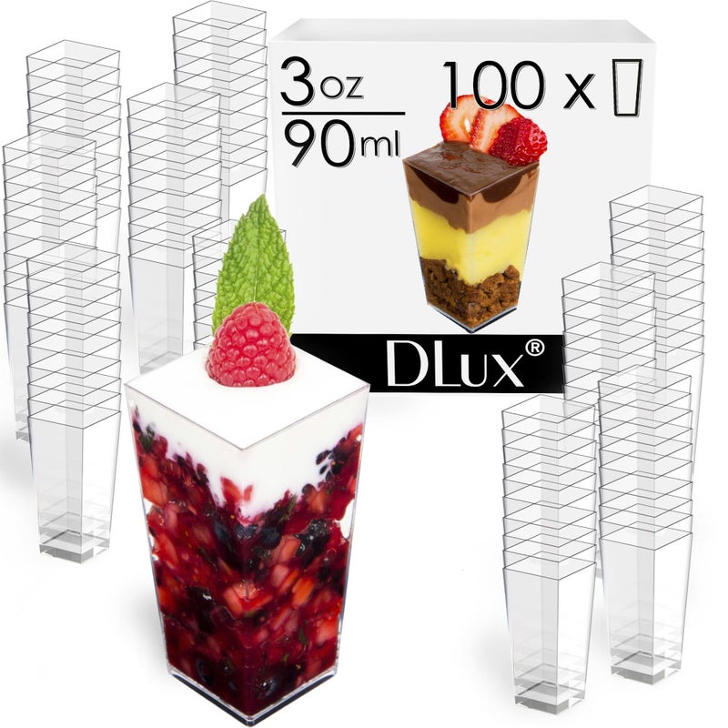 DLux 100 x 3 oz Mini Dessert Cups (no Spoons), Square Tall - Clear Plastic Parfait Appetizer Cup - Small Reusable Serving Bowl for Tasting Party Desserts Appetizers - With Recipe eBook - Image 2